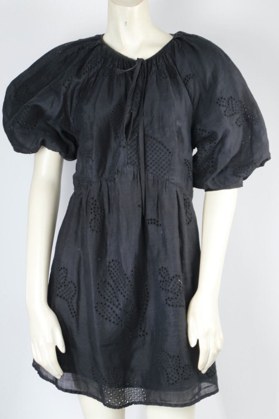 FRAME Black Ramie Cotton Eyelet Puff Sleeve Tie Neck Babydoll Mini Dress Size S